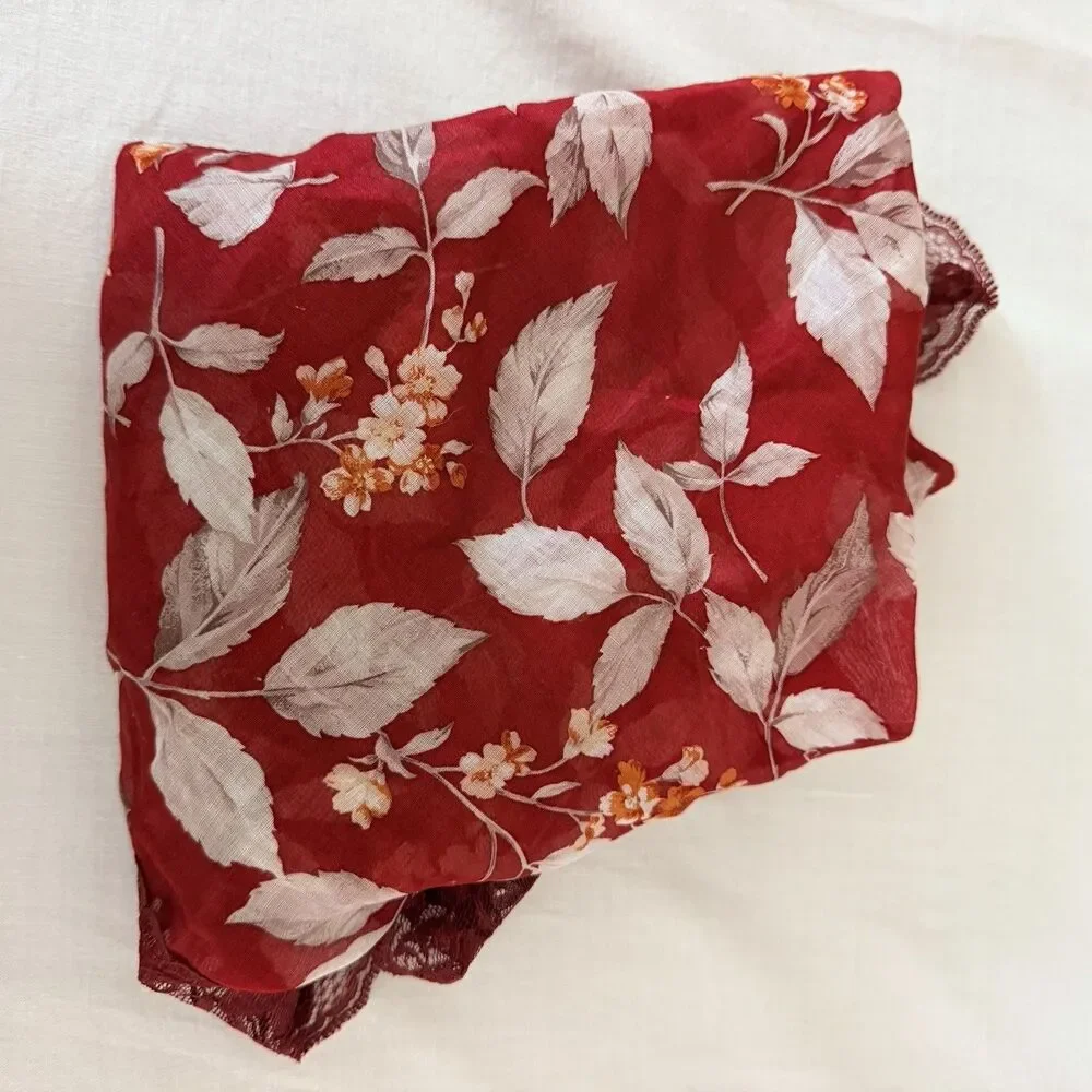 Pierre Balmain Paris Scarf Red Floral Lace Trim Cotton Nylon Vintage Japan Luxe